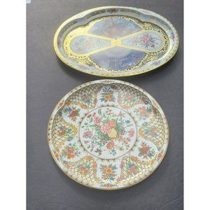 Daher Serving Tray Metal Floral Design Gold Trim Two Platters Vintage